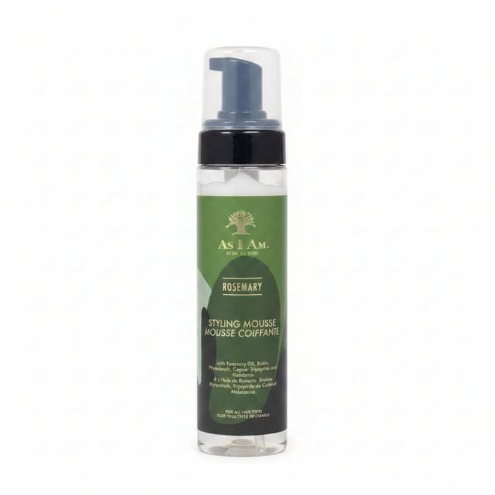 As I Am rosemary styling mousse flexible hold foam for volume shine frizz free curls and natural hair styling with moisture and strength support