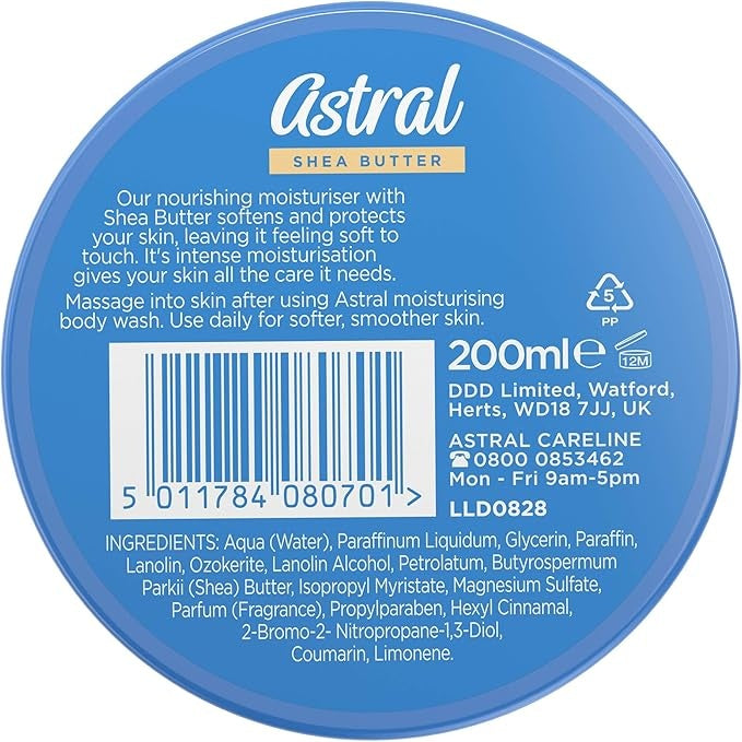 Astral face and body moisturiser cream with shea butter 200ml deep hydration skincare for soft smooth healthy skin