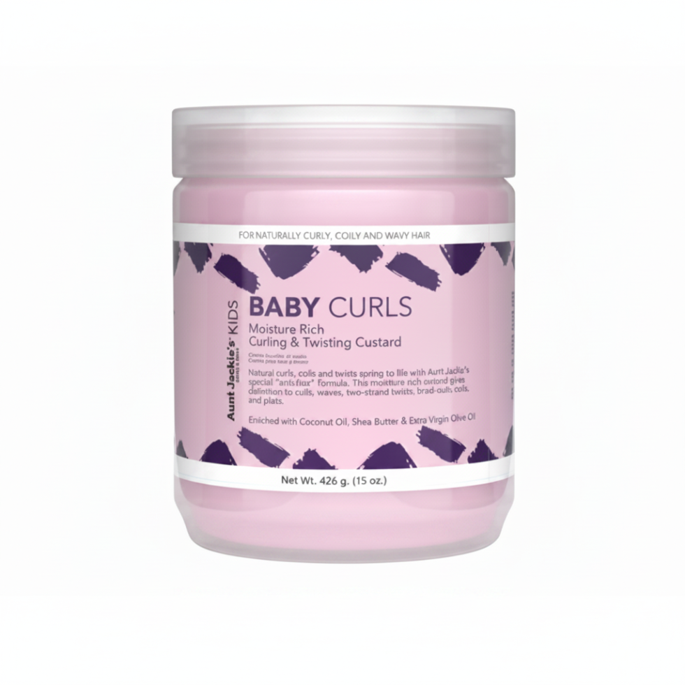 Aunt Jackie’s Baby Curls Moisture Rich Curling and Twisting Custard 15oz gentle curl defining cream for kids curly hair.