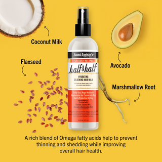 Aunt Jackie's Flaxseed Recipes Half & Half, Hydrating Silkening Hair Milk, For Daily Use, Enriched with Flaxseed, Coconet, Jojoba Oil, Shea Butter, Grapeseed and Ginseng, 12 OZ