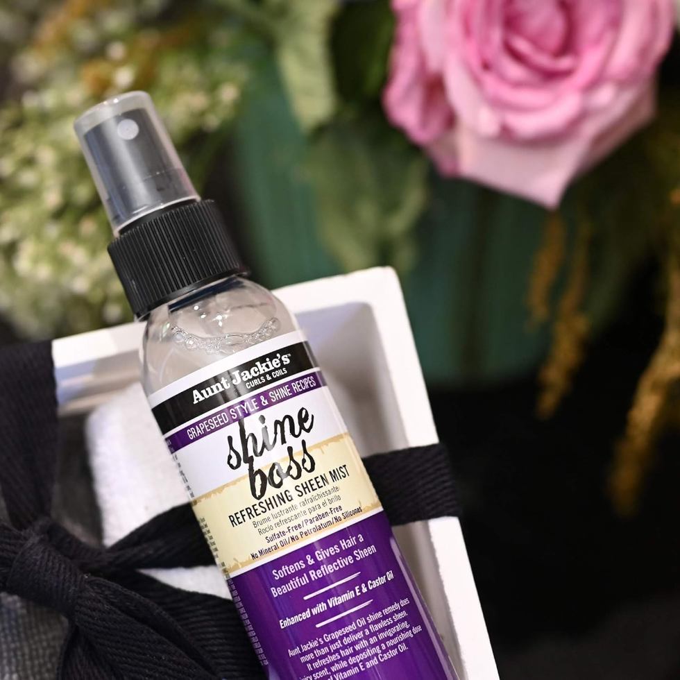aunt jackies shine boss sheen mist 4oz vitamin e castor oil shine spray adds gloss softens hair frizz control