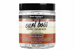 Aunt Jackie’s Curl Boss Coconut Curling Gelée 15oz shine and curl defining gel for soft frizz free long lasting curls.