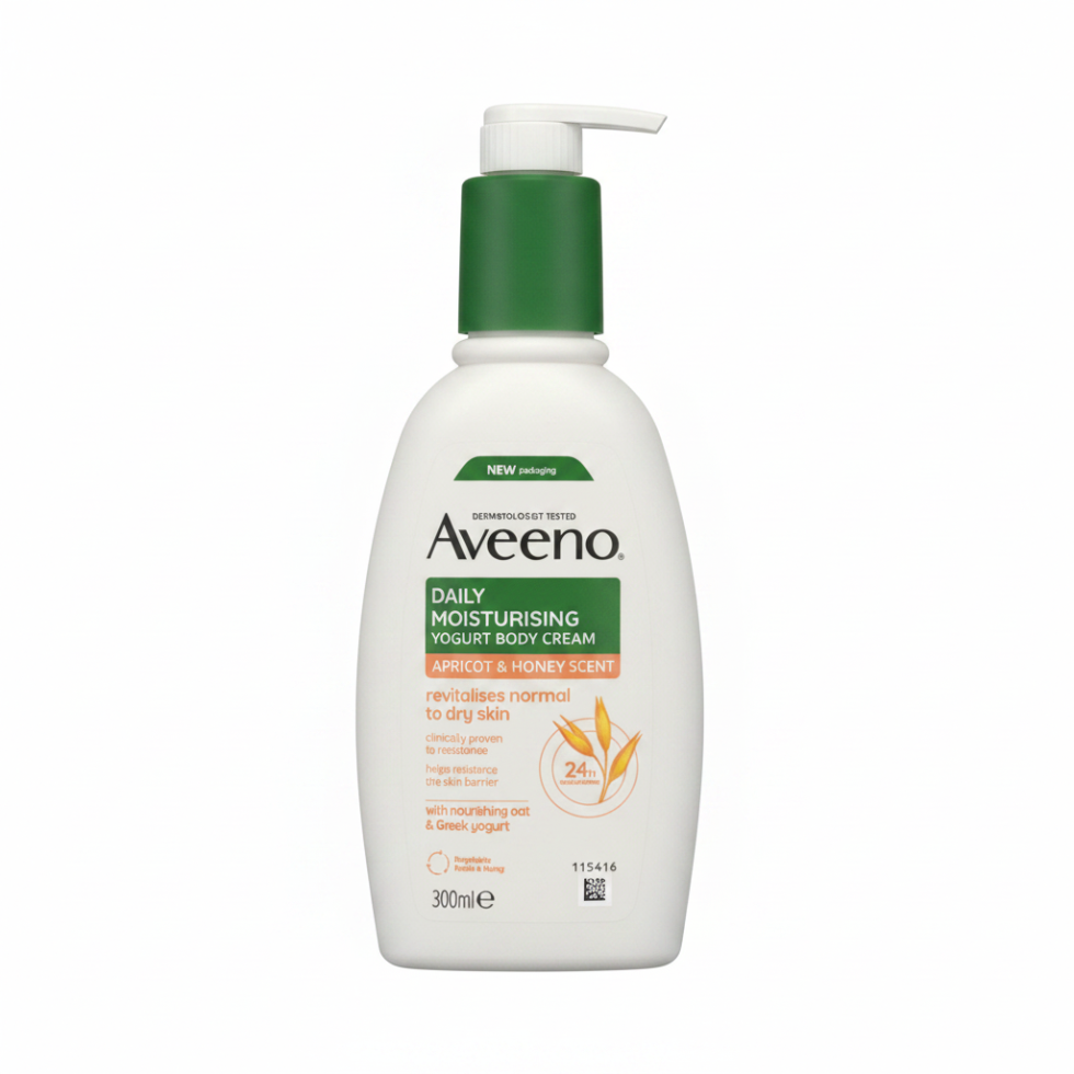 aveeno yogurt body cream 300ml vanilla oat apricot honey scent hydrating sensitive skin soft smooth non greasy