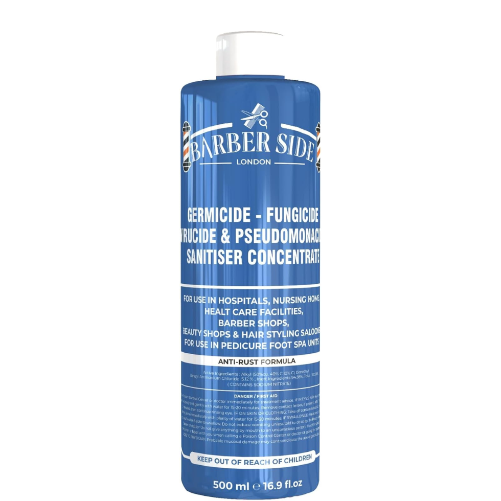 Barber side germicide turquoise solution 500ml disinfectant salon tool cleaner for professional barber hygiene and salon sanitation solution