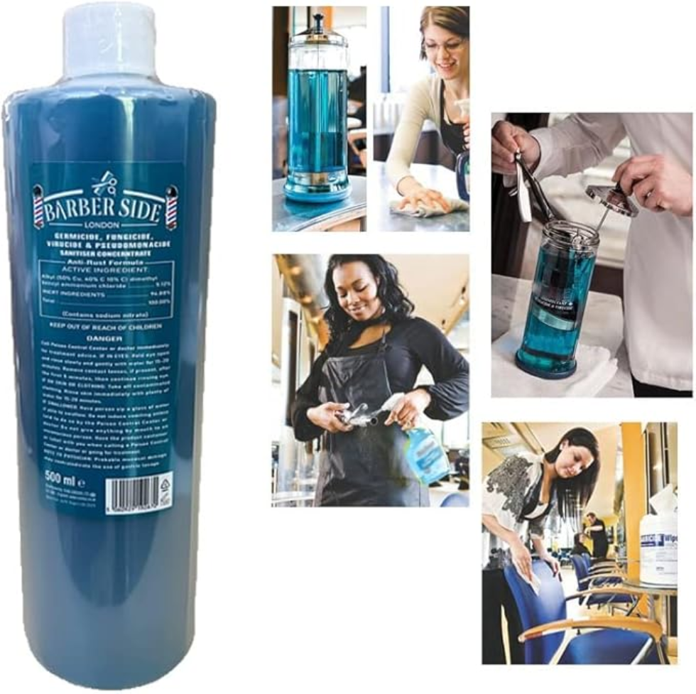Barber side germicide turquoise solution 500ml disinfectant salon tool cleaner for professional barber hygiene and salon sanitation solution