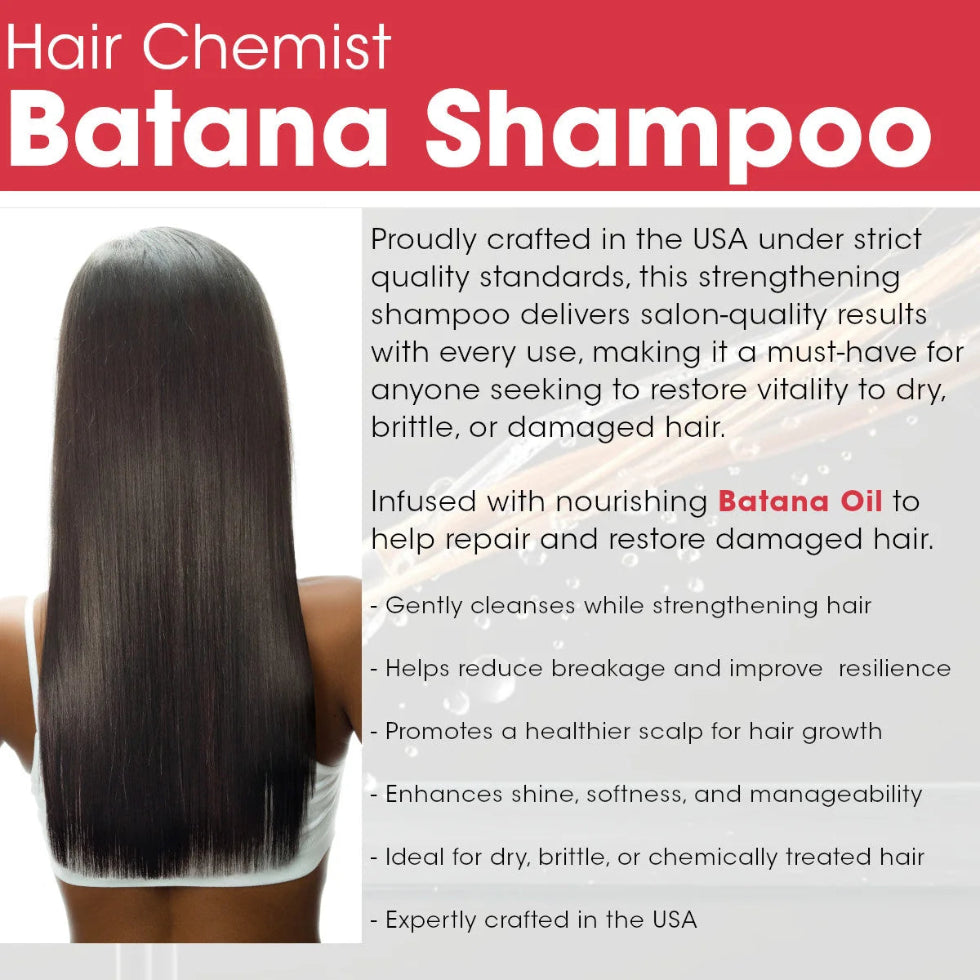 Hands massaging Hair Chemist Batana Strengthening Shampoo into the scalp and lengths during a wash.