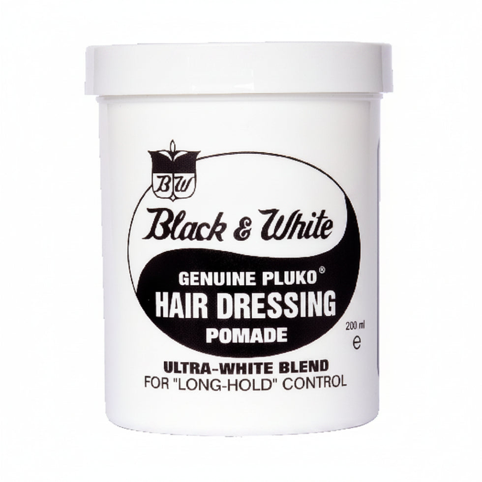 Black and White Genuine Pluko Hair Dressing Pomade 200ml for strong hold and shiny hair