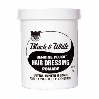 Black and White Genuine Pluko Hair Dressing Pomade 200ml for strong hold and shiny hair