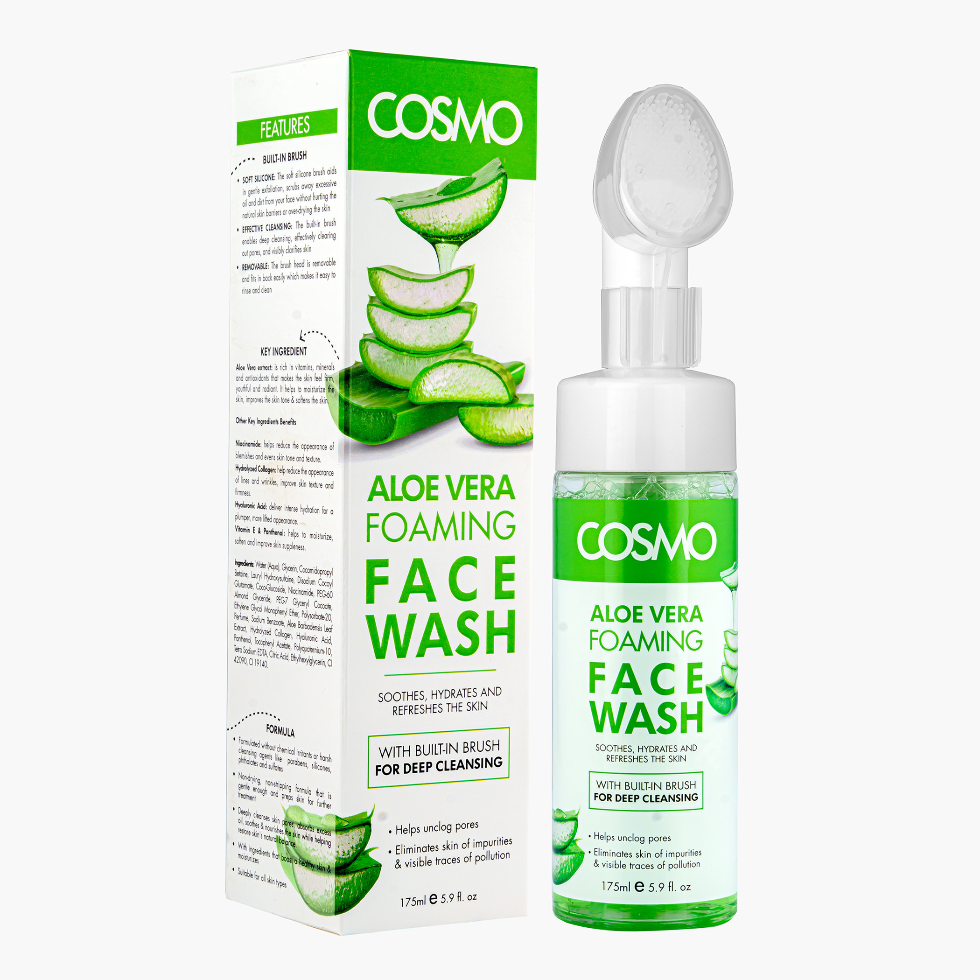 Cosmo Aloe Vera Foaming Face Wash 175ml gently cleanses, hydrates, and soothes skin. Deep cleansing formula for soft, fresh, and healthy-looking skin.