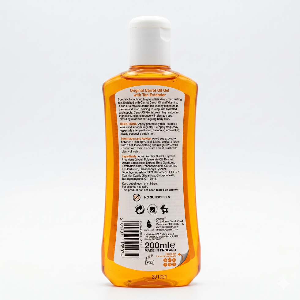 Calypso carrot oil gel 200ml with tan extender for lightweight hydration and radiant glow