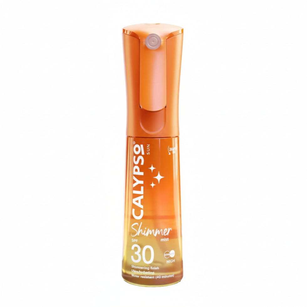 Calypso shimmer mist SPF 30 spray for glowing skin and lightweight sun protection