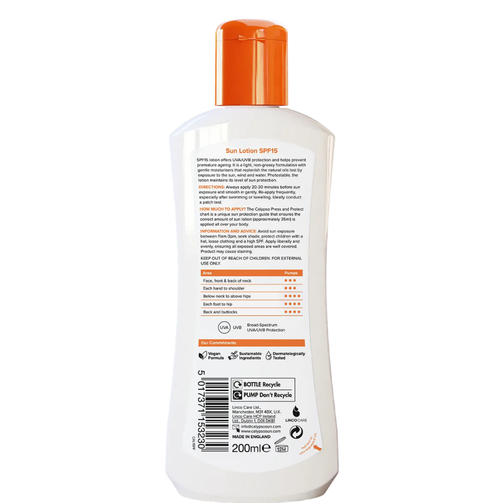 Calypso sun lotion SPF 15 200ml with 12h moisturisation for daily hydration and protection