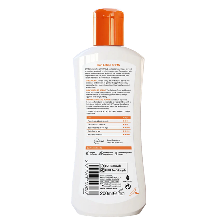 Calypso sun lotion SPF 15 200ml with 12h moisturisation for daily hydration and protection
