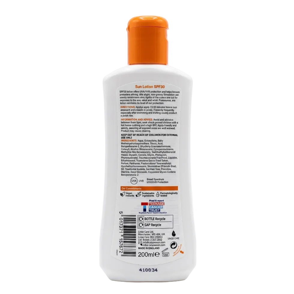 Calypso sun lotion SPF 30 200ml with 12h moisturisation for hydration and sun protection