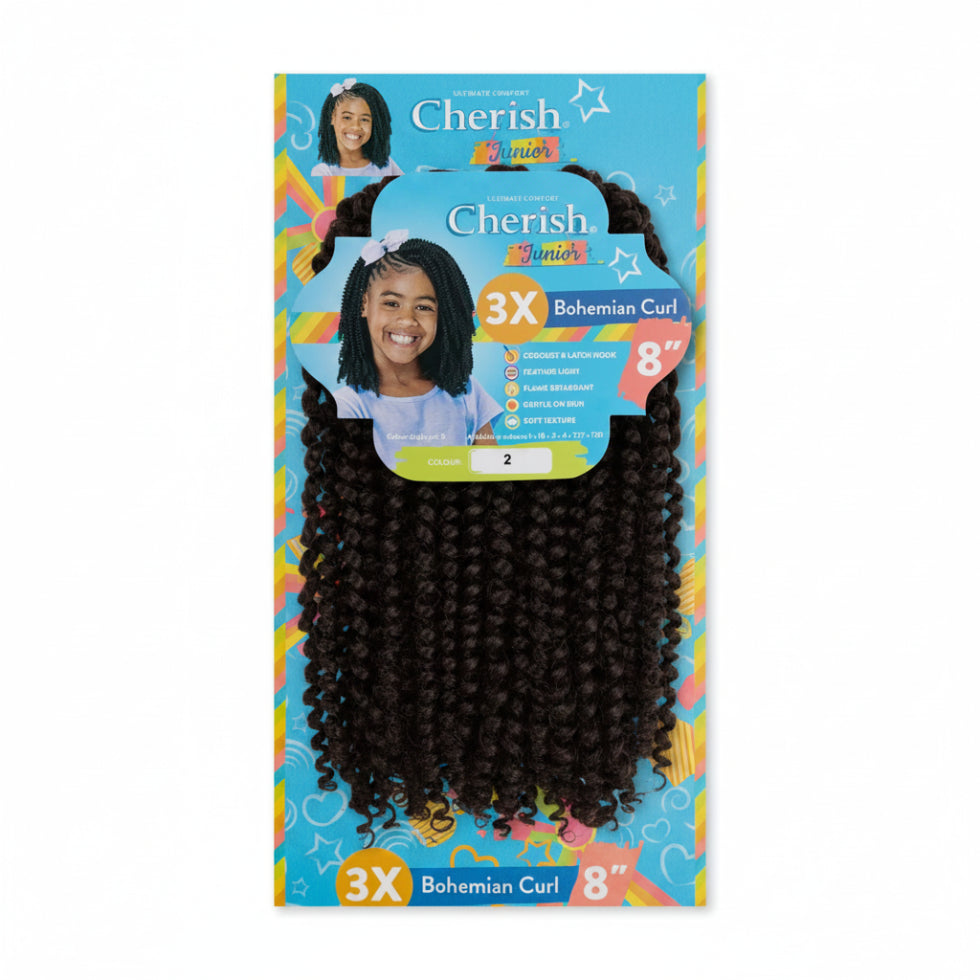 Cherish Junior Kids 3X Bohemian Curl 8 inch synthetic curly hair extensions for kids