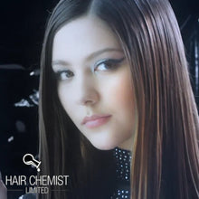 A close-up portrait shows smooth, straight brown hair against a dark background. The Hair Chemist Limited logo appears in the lower-left corner.