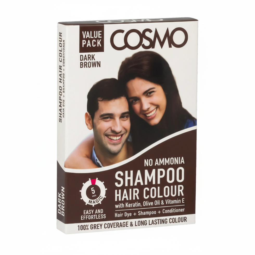 Cosmo brown hair dye shampoo 25ml ammonia free 100 percent grey coverage in 5 minutes