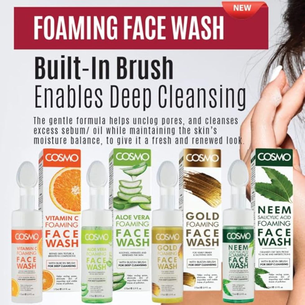 Cosmo Aloe Vera Foaming Face Wash 175ml gently cleanses, hydrates, and soothes skin. Deep cleansing formula for soft, fresh, and healthy-looking skin.