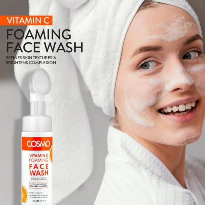 Cosmo vitamin C foaming face wash 175ml brightening deep cleansing cleanser with brush for glowing skin