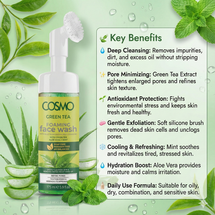 Cosmo green tea foaming face wash 175ml deep clean pore tightening and refreshing skin cleanser