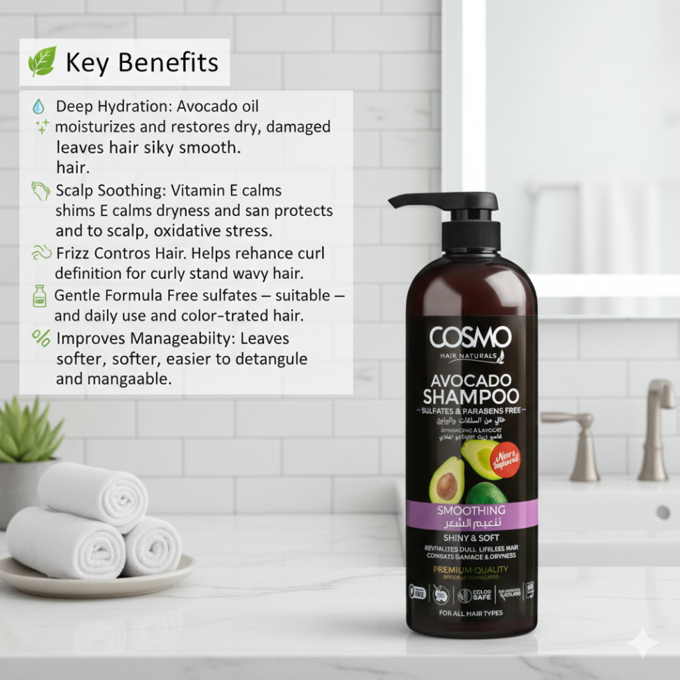 Cosmo Avocado Soothing Shampoo 1000ml gently cleanses and hydrates dry, damaged hair for softer, smoother, healthier-looking results.