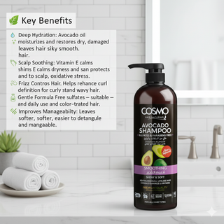 Cosmo Avocado Soothing Shampoo 1000ml gently cleanses and hydrates dry, damaged hair for softer, smoother, healthier-looking results.