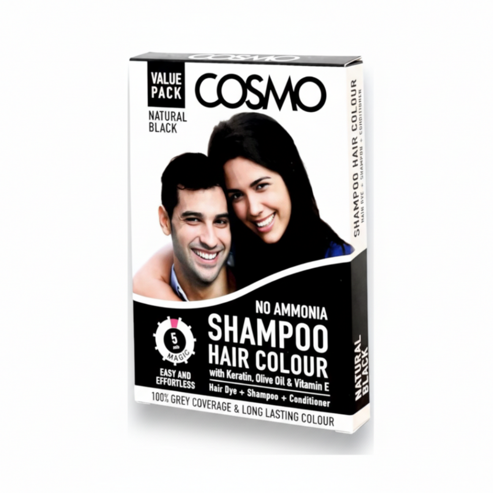 Cosmo black hair dye shampoo 25ml ammonia free 100 percent grey coverage in 5 minutes