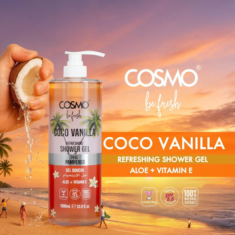Cosmo coco vanilla shower gel 1000ml aloe vera vitamin e deep moisture care body wash for soft skin