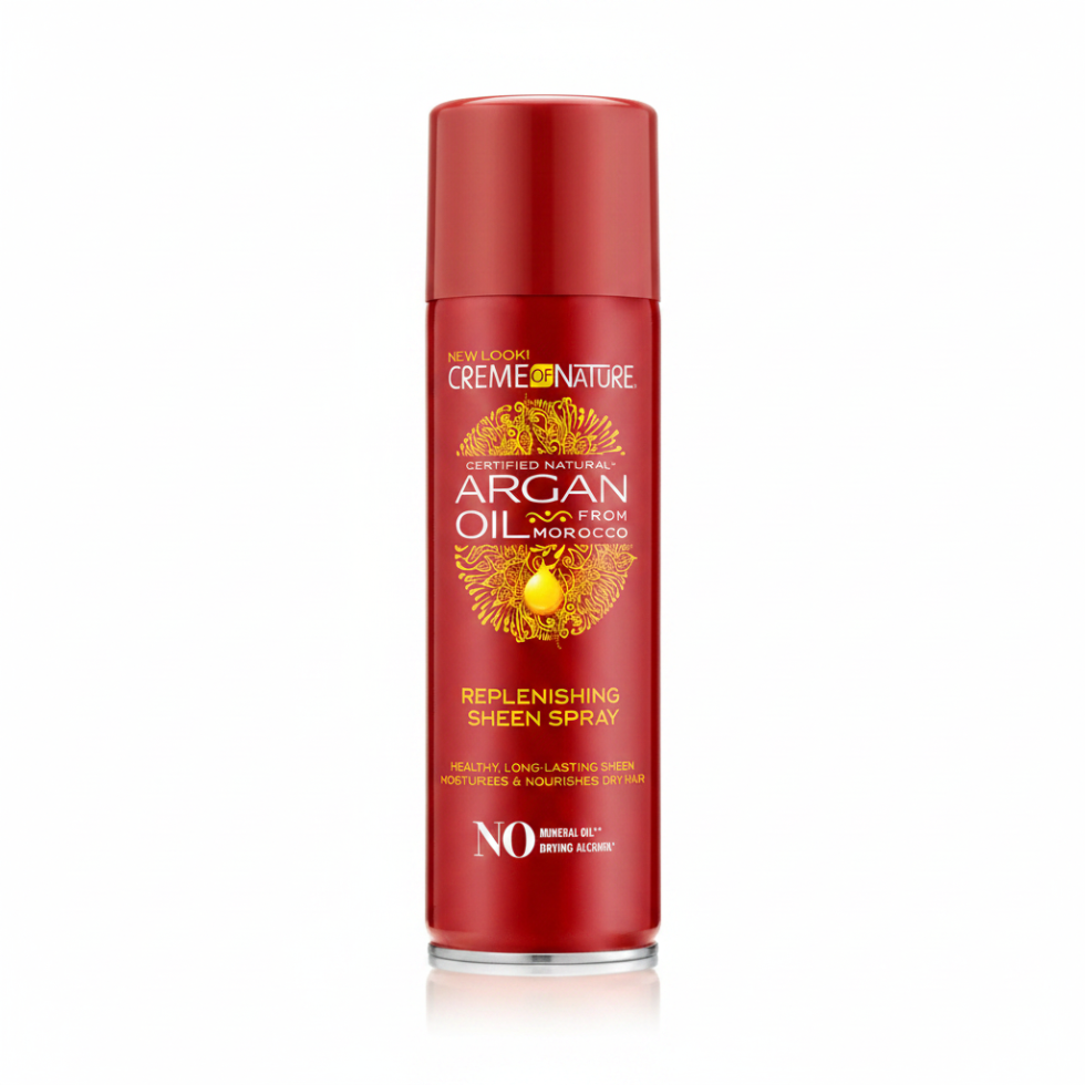 Creme Of Nature Replenishing Sheen Spray with Argan Oil adds instant shine, lightweight moisture, and softness while helping reduce dryness and dullness.