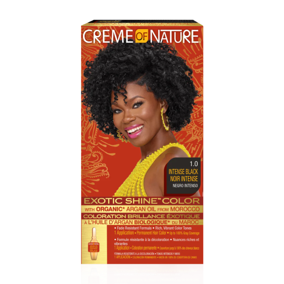 creme of nature exotic shine color 1.0 intense black argan oil hair dye vibrant glossy finish grey coverage permanent color kit