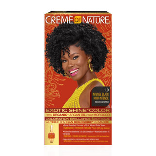 creme of nature exotic shine color 1.0 intense black argan oil hair dye vibrant glossy finish grey coverage permanent color kit