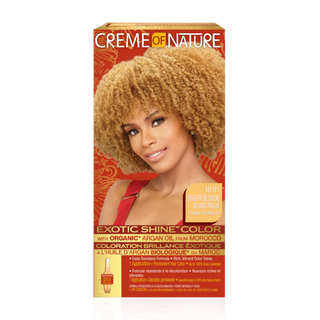 creme of nature exotic shine color 10.01 ginger blonde argan oil hair dye warm ginger blonde tone permanent color grey coverage shine finish