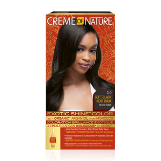 creme of nature exotic shine color 3.0 soft black argan oil hair dye permanent color grey coverage glossy finish nourished hair