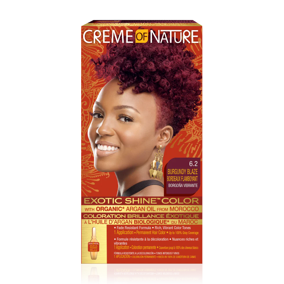 creme of nature exotic shine color 6.2 burgundy blaze argan oil hair dye vibrant burgundy permanent hair color grey coverage shine finish