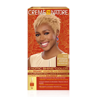 creme of nature exotic shine color 9.23 light golden blonde argan oil hair dye radiant blonde tone permanent color grey coverage shine finish