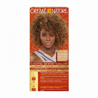 creme of nature exotic shine color 9.2 light caramel brown argan oil hair dye soft caramel tone permanent color grey coverage shine finish