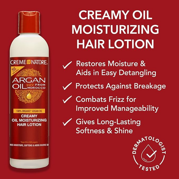 Creme of nature argan oil creamy oil moisturizing hair lotion 250ml hydrates smooths hair frizz control leave in lotion for soft shiny manageable healthy hair care product