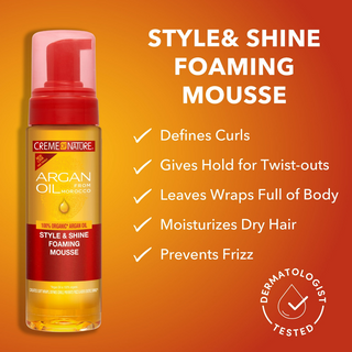 Creme of nature argan oil style shine foaming mousse 207ml define hydrate curls lightweight styling mousse for frizz control shine and soft curl definition