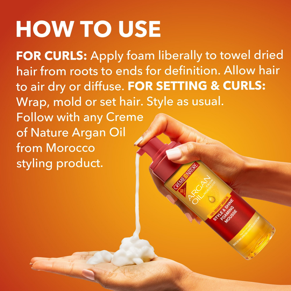 Creme of nature argan oil style shine foaming mousse 207ml define hydrate curls lightweight styling mousse for frizz control shine and soft curl definition
