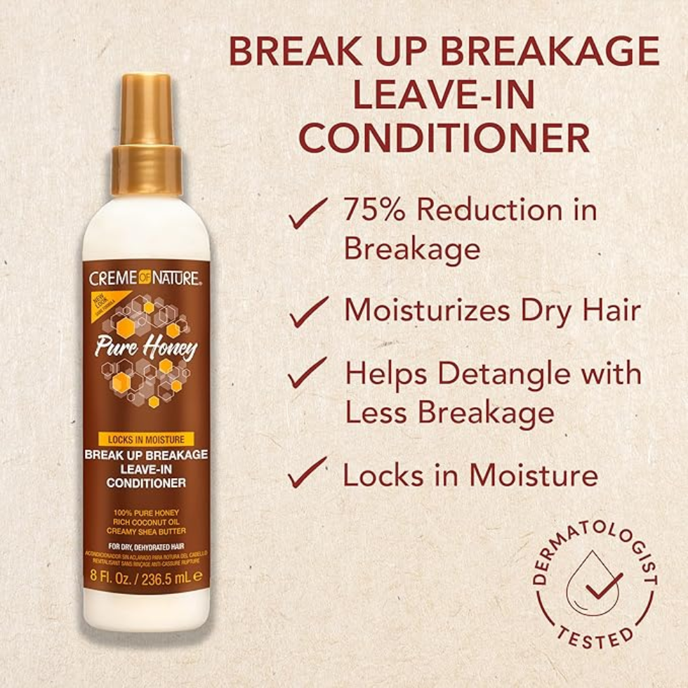Creme of nature pure honey break up breakage leave in conditioner 236ml moisture strength leave in for reducing breakage strengthening soft healthy manageable hair care product