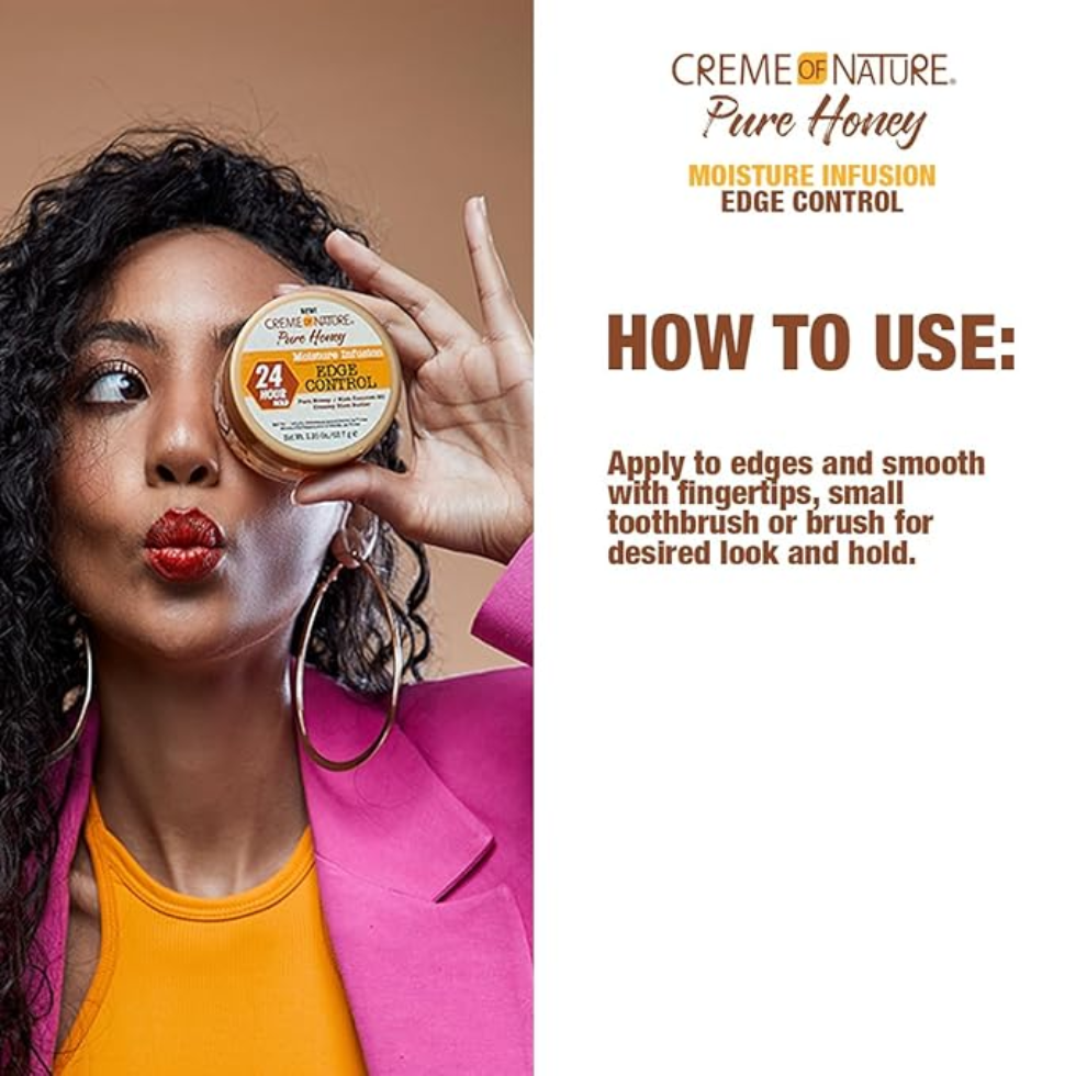 Creme of nature pure honey moisture infusion edge control 2.25oz 24 hour hold edge gel for sleek edges smooth flyaways shine moisturizing styling product
