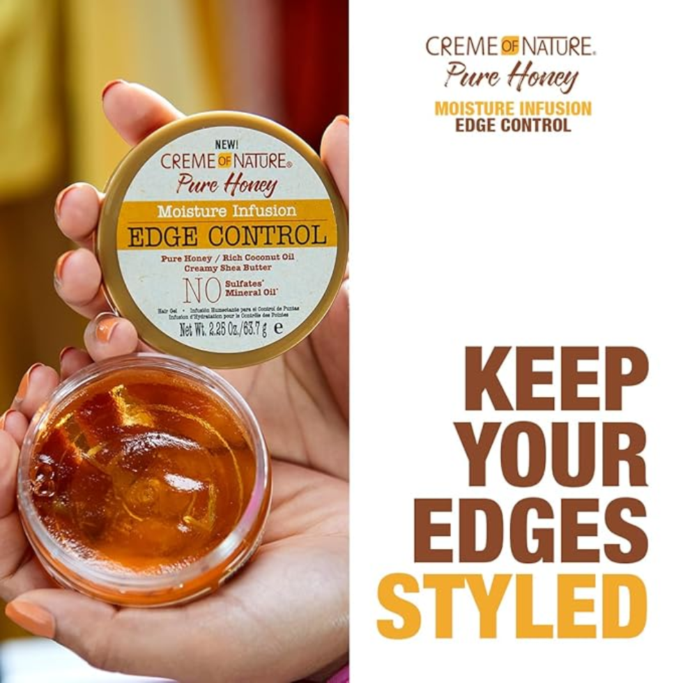 Creme of nature pure honey moisture infusion edge control 2.25oz 24 hour hold edge gel for sleek edges smooth flyaways shine moisturizing styling product