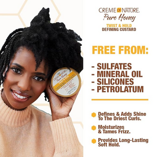 Creme of nature pure honey twist hold defining custard 11.5oz soft hold curls styling custard for natural hair curl definition frizz control and moisture rich styling formula