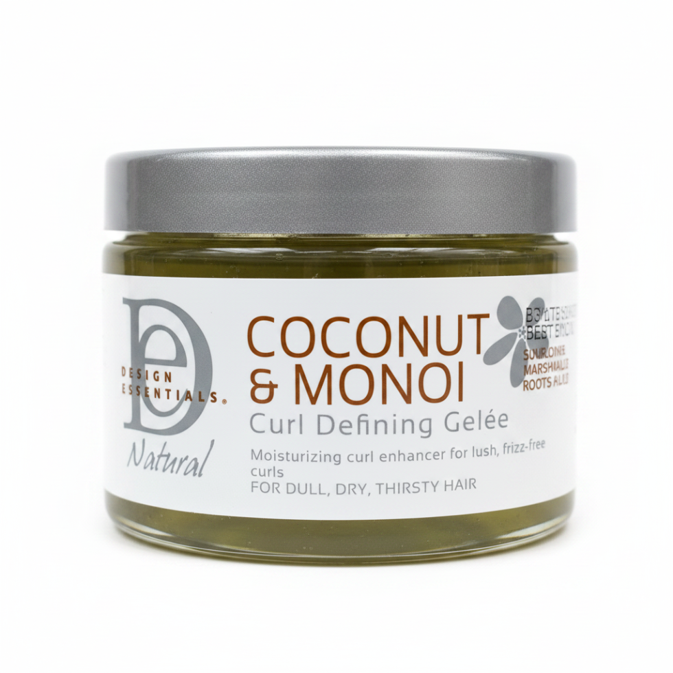 design essentials coconut monoi curl defining gelee for frizz free hydrated shiny soft defined curls flexible hold