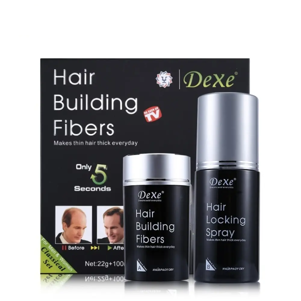 Dexe hair building fibers set 22g with locking spray 100ml instant hair thickening bald spot coverage