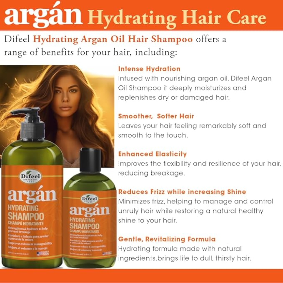 Difeel argan hydrating shampoo 12oz paraben free argan oil care for dry frizzy hair nourishment