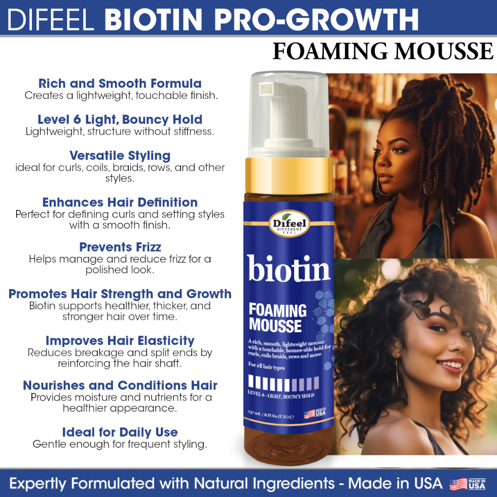 Difeel biotin foaming mousse 8oz lightweight hold frizz control bouncy soft hair styling care