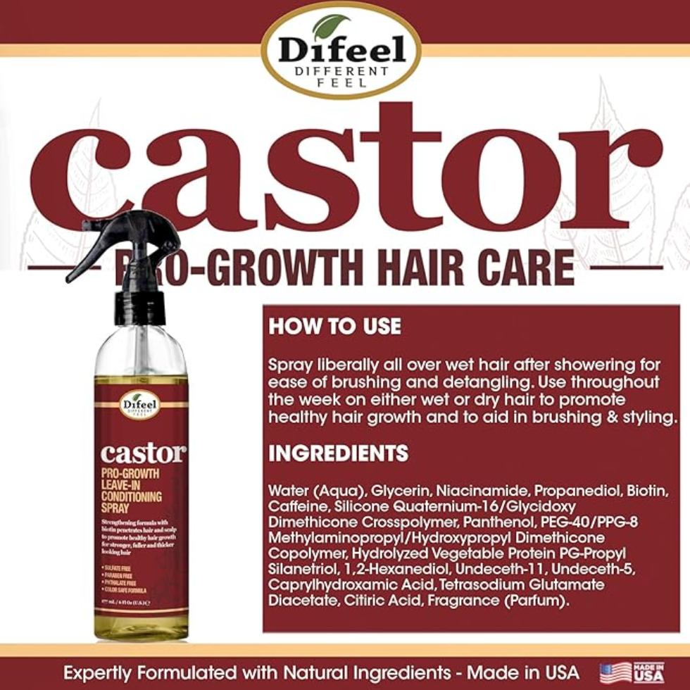Difeel castor pro growth leave in conditioning spray 6oz strengthen and thicken hair growth and repair hair care spray