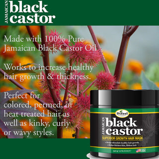 Difeel Jamaican Black Castor Oil Hair Mask 12oz strengthens hair, stimulates growth, reduces breakage, and adds volume and shine.