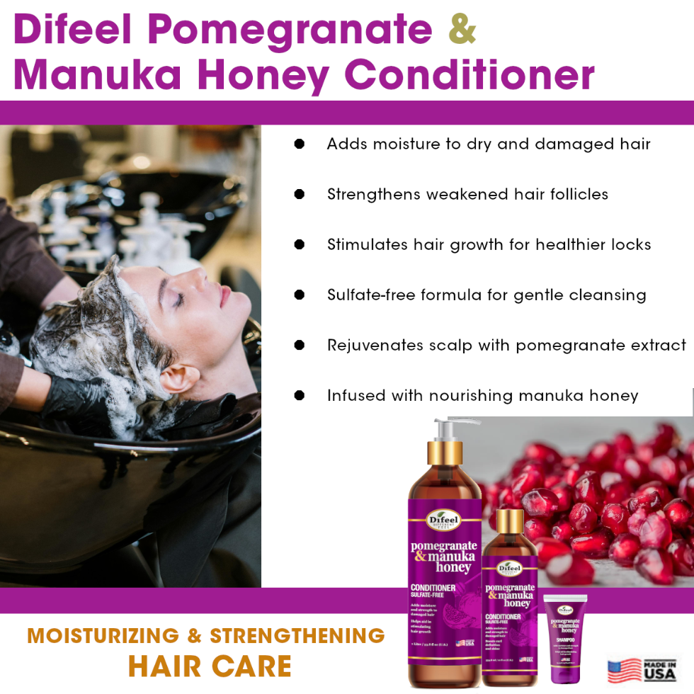 Pomegranate and Manuka honey conditioner for soft hydrated shiny healthy hair